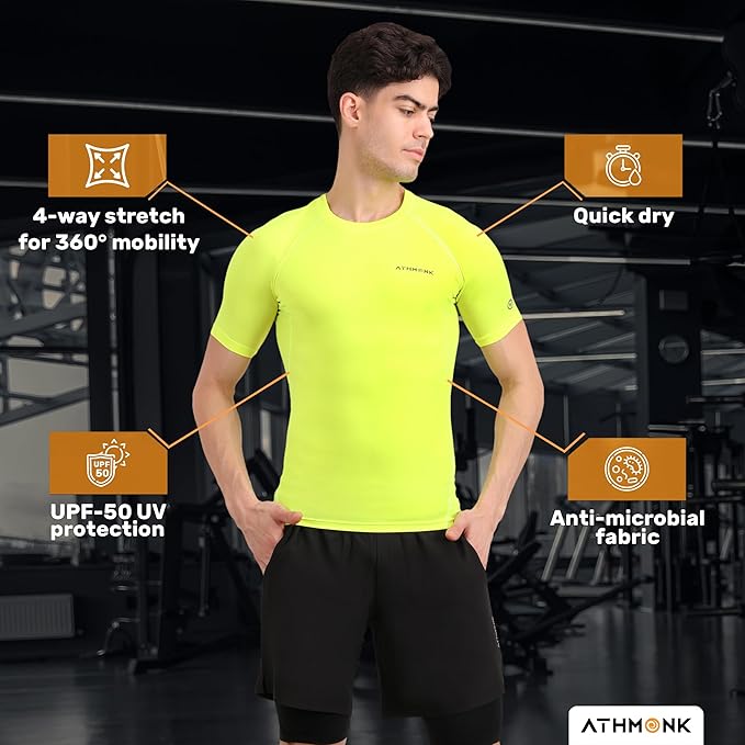 Athmonk Compression T-Shirt Vest Body Shaper Half Sleeve for Men Boys Branded - Nylon Lycra Fabric - Workout Gym Cricket Football Sports Training - Keep Dry Tight Skin Fit - Round Neck